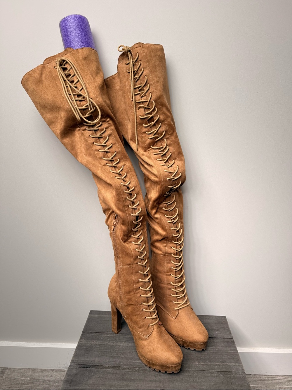 Shoe Dazzle Cognac Lace-Up Over-the-Knee Heeled Boots